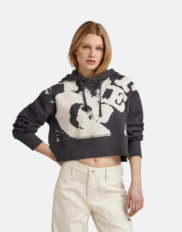 G-Star RAW Vintage Cropped Graphic Loose Hooded Grey Sweater