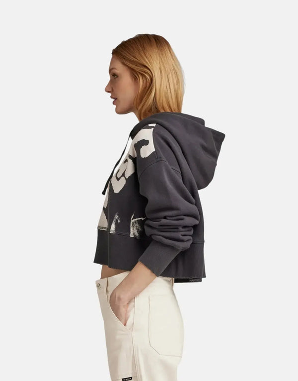G-Star RAW Vintage Cropped Graphic Loose Hooded Grey Sweater