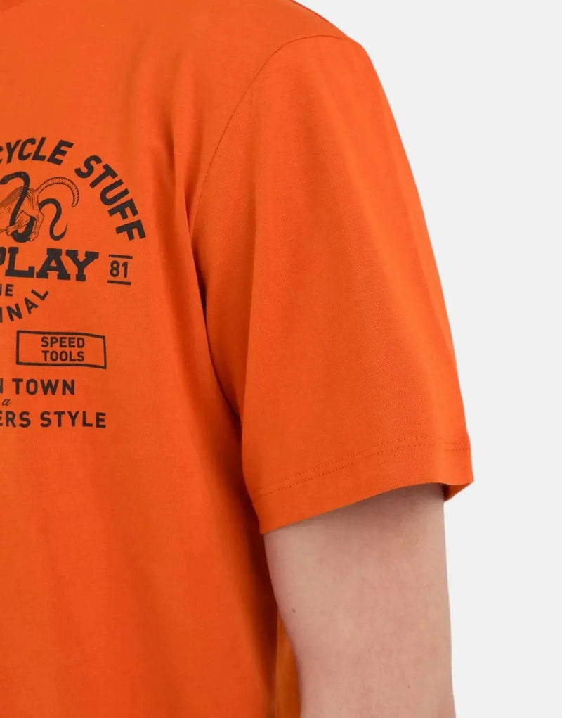 Replay Motorcycle Store Side Logo Blaze Orange T-Shirt