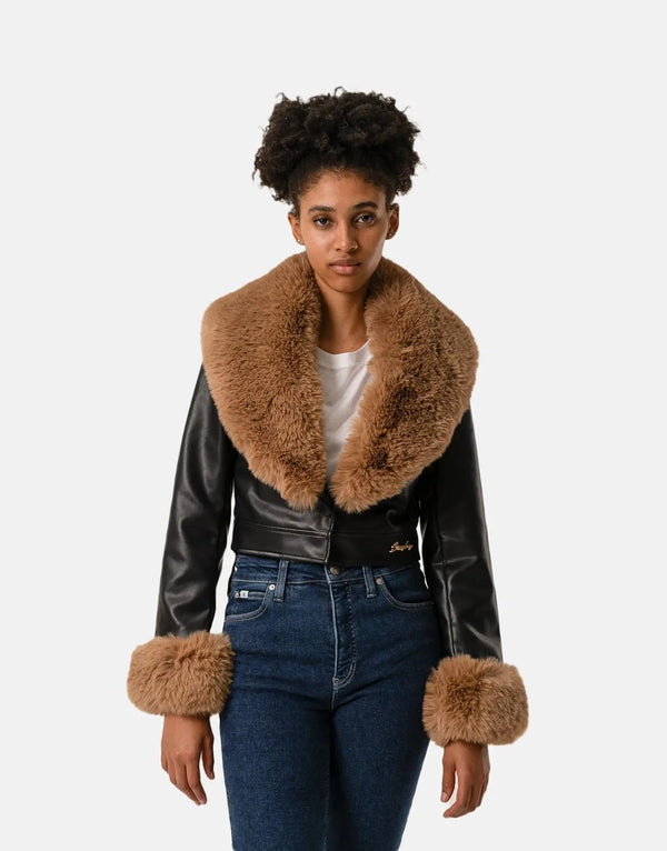 Sissy Boy Faux Leather Fur Collar Jacket Blk/Brown