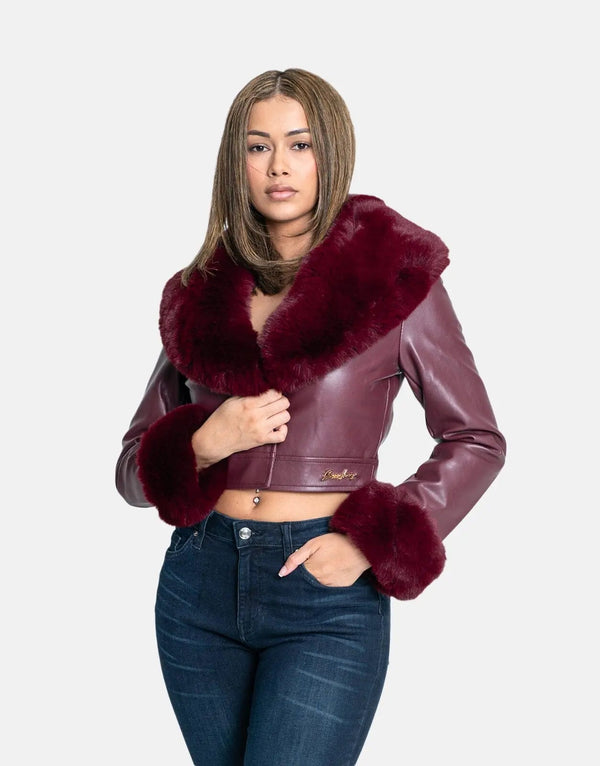Sissy Boy Faux Leather Fur Collar Jacket Burgundy