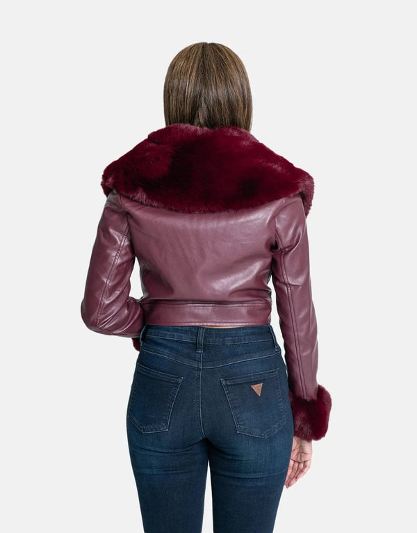 Sissy Boy Faux Leather Fur Collar Jacket Burgundy