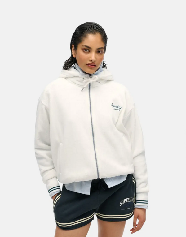 Superdry Country Club Velour Zip Hooded Sweatshirt Off-White