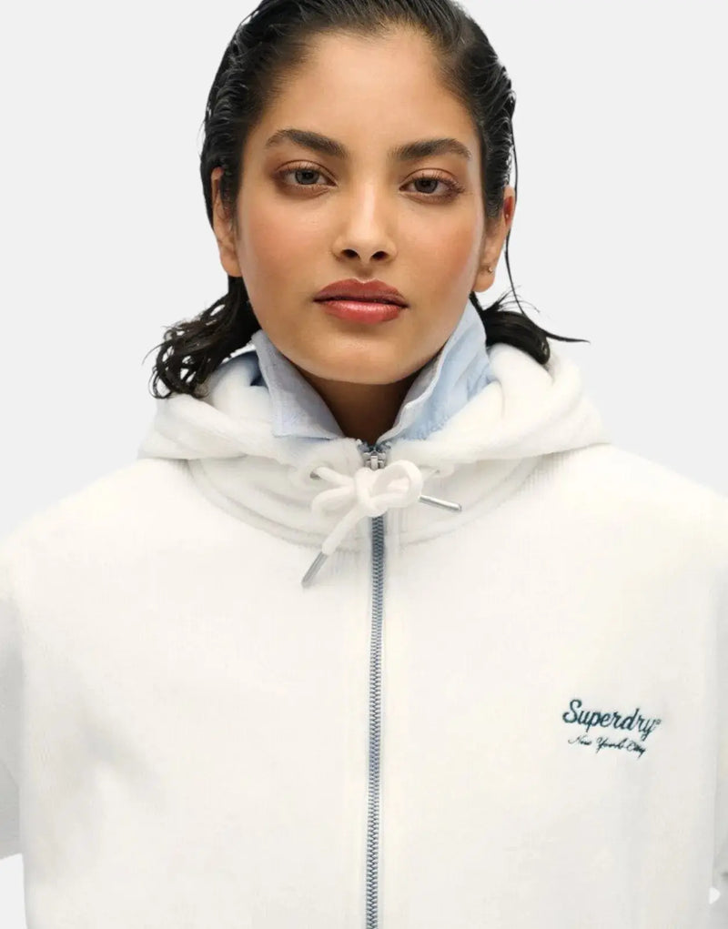 Superdry Country Club Velour Zip Hooded Sweatshirt Off-White